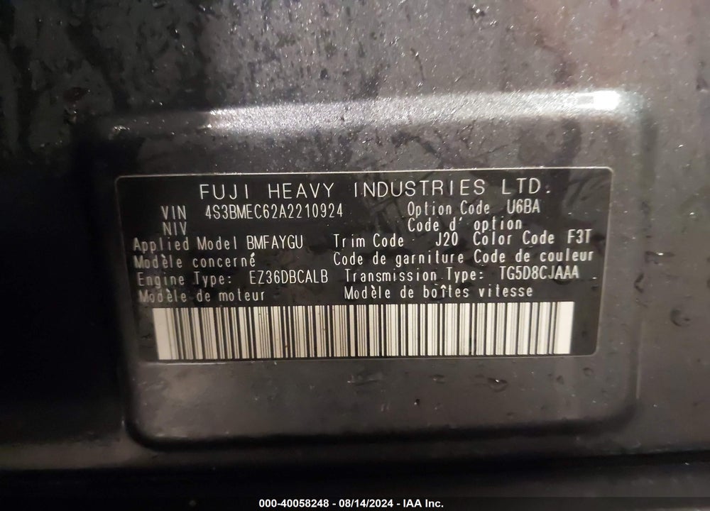 2010 SUBARU LEGACY 3.6R PREMIUM VIN: 4S3BMEC62A2210924