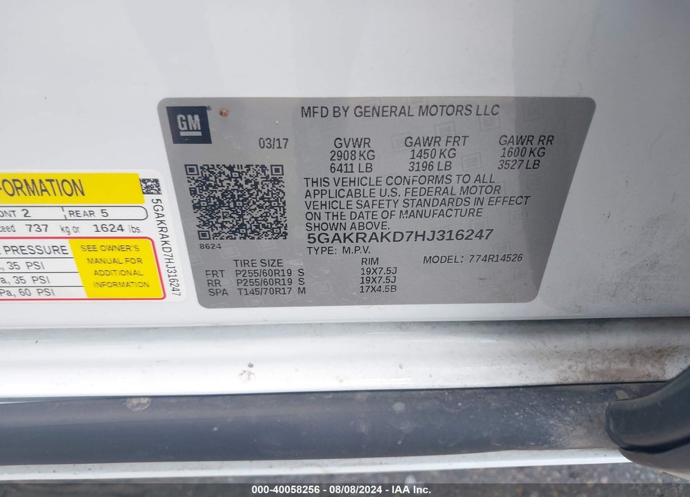 2017 BUICK ENCLAVE CONVENIENCE VIN: 5GAKRAKD7HJ316247