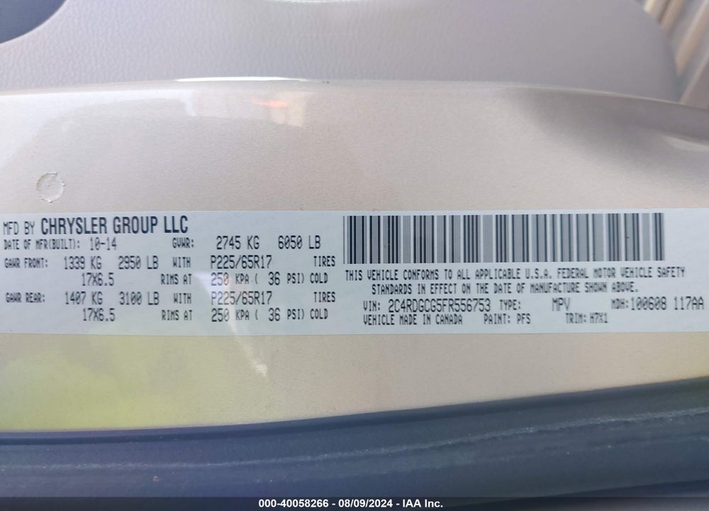 2015 DODGE GRAND CARAVAN SXT VIN: 2C4RDGCG5FR556753