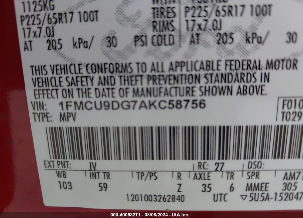 2010 FORD ESCAPE XLT VIN: 1FMCU9DG7AKC58756