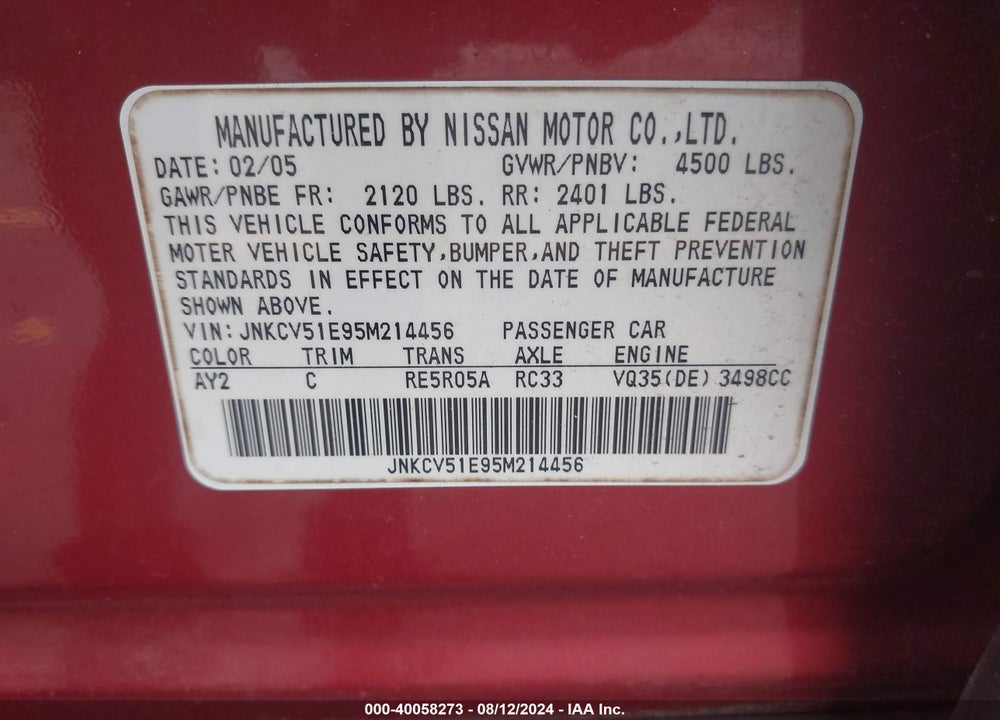 2005 INFINITI G35 VIN: JNKCV51E95M214456
