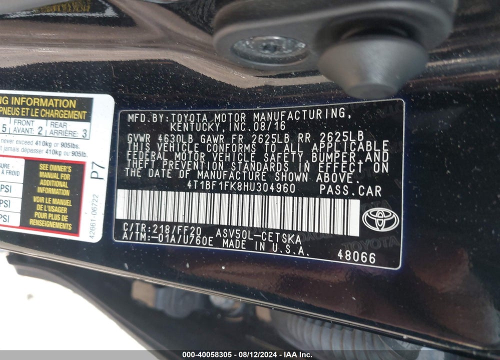 2017 TOYOTA CAMRY SE VIN: 4T1BF1FK8HU304960