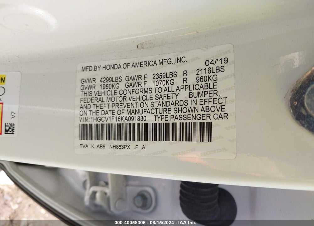 2019 HONDA ACCORD LX VIN: 1HGCV1F16KA091830