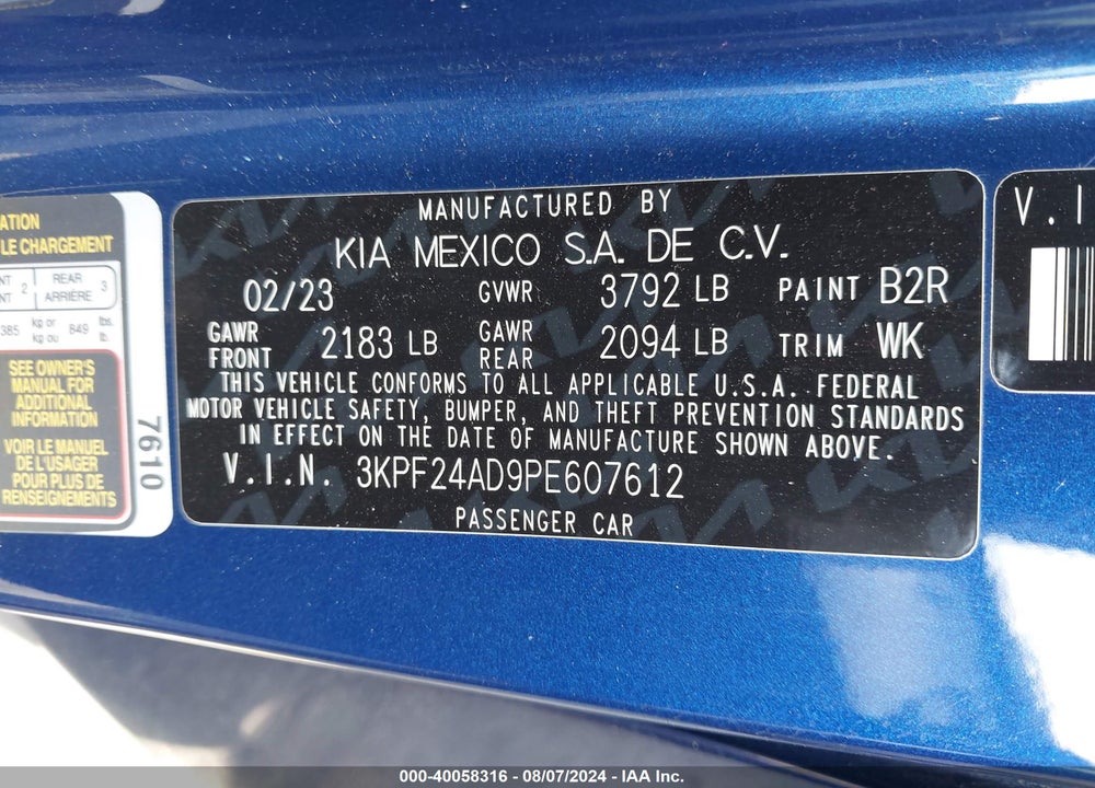 2023 KIA FORTE LXS VIN: 3KPF24AD9PE607612