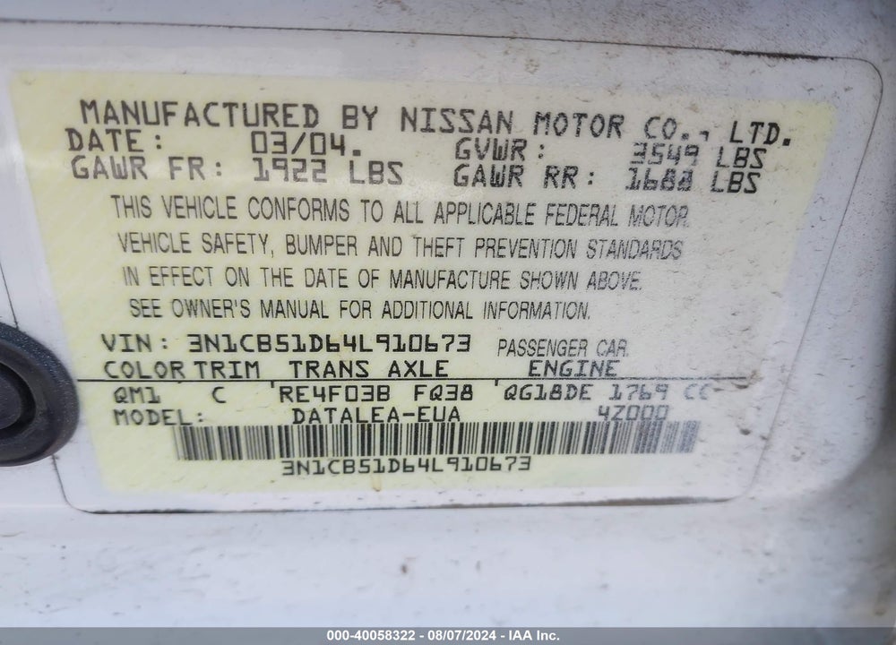 2004 NISSAN SENTRA 1.8S VIN: 3N1CB51D64L910673