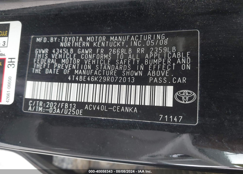 2009 TOYOTA CAMRY LE VIN: 4T4BE46K29R072013