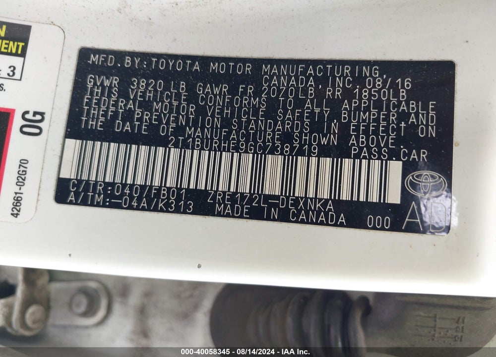 2016 TOYOTA COROLLA VIN: 2T1BURHE9GC738719