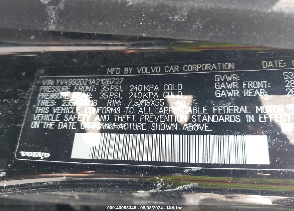 2010 VOLVO XC60 T6/T6 R-DESIGN VIN: YV4992DZ1A2126727