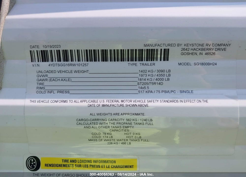 2024 KEYSTONE RV OTHER VIN: 4YDTSGG16RW101257