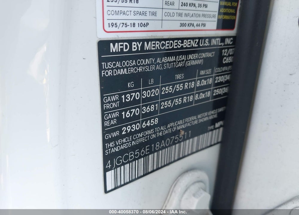 2008 MERCEDES-BENZ R 350 VIN: 4JGCB56E18A075511