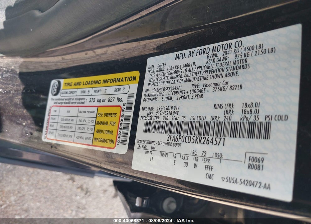 2019 FORD FUSION SEL VIN: 3FA6P0CD5KR264571