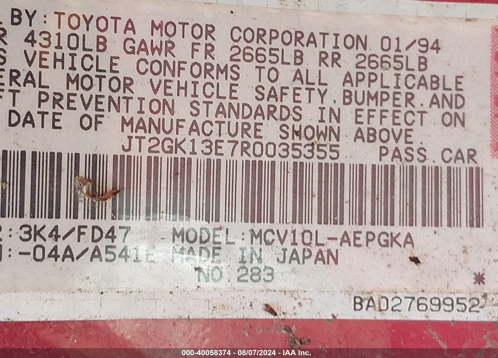 1994 TOYOTA CAMRY XLE VIN: JT2GK13E7R0035355