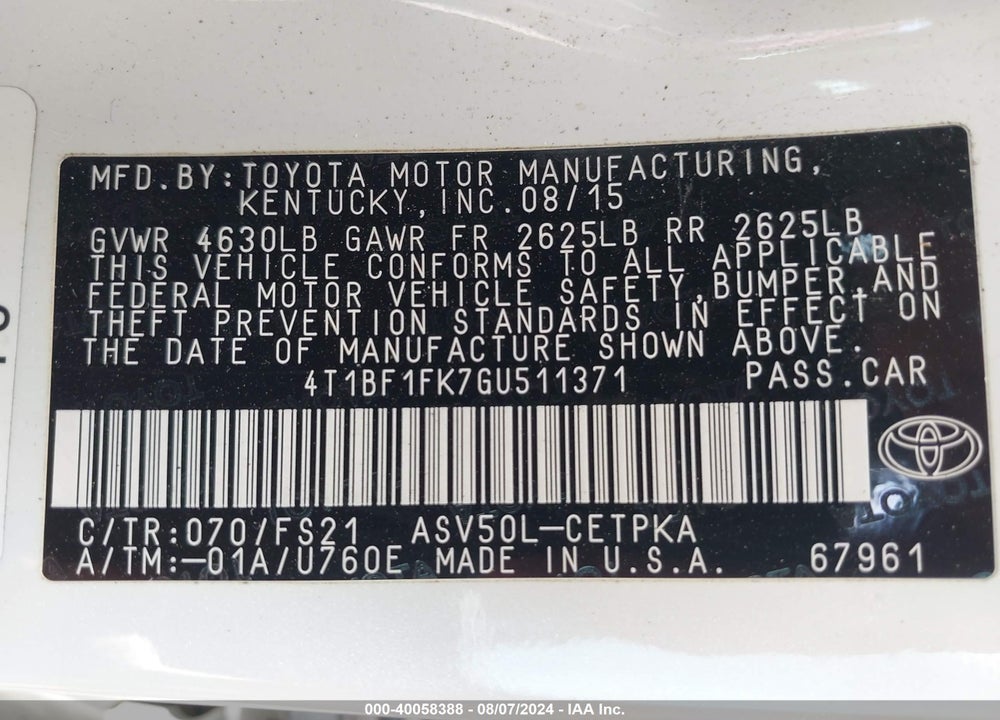 2016 TOYOTA CAMRY SE VIN: 4T1BF1FK7GU511371