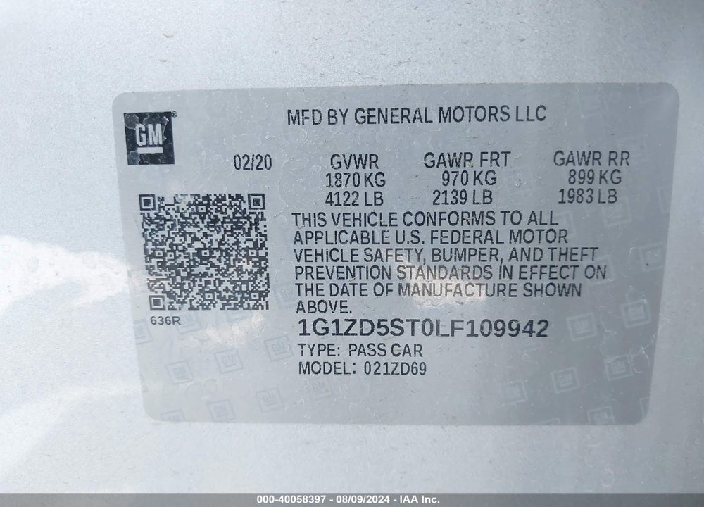 2020 CHEVROLET MALIBU FWD LT VIN: 1G1ZD5ST0LF109942