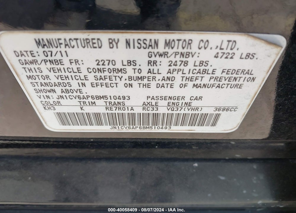 2011 INFINITI G37 JOURNEY VIN: JN1CV6AP6BM510493