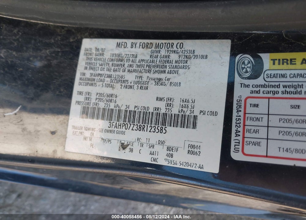 2008 FORD FUSION SE VIN: 3FAHP07Z38R123585