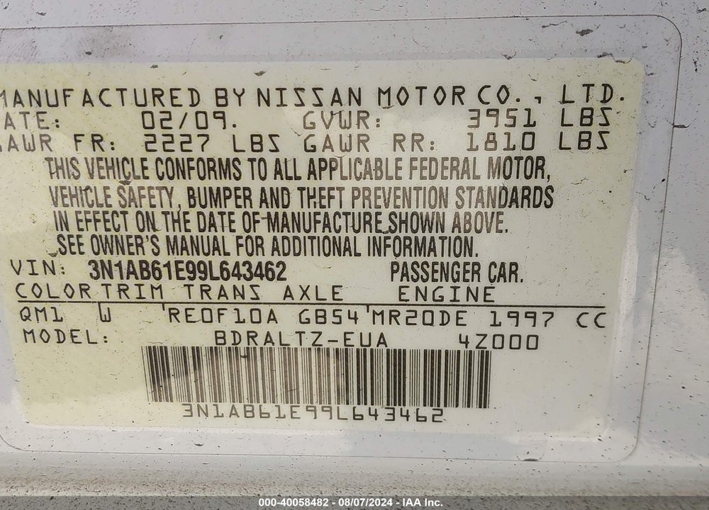 2009 NISSAN SENTRA 2.0S VIN: 3N1AB61E99L643462