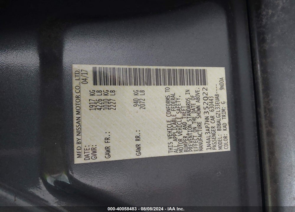 2017 NISSAN ALTIMA VIN: 1N4AL3AP7HN352022