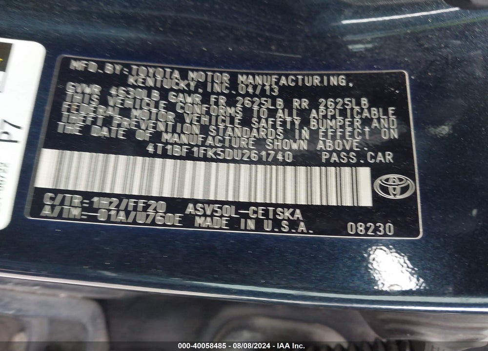 2013 TOYOTA CAMRY SE VIN: 4T1BF1FK5DU261740