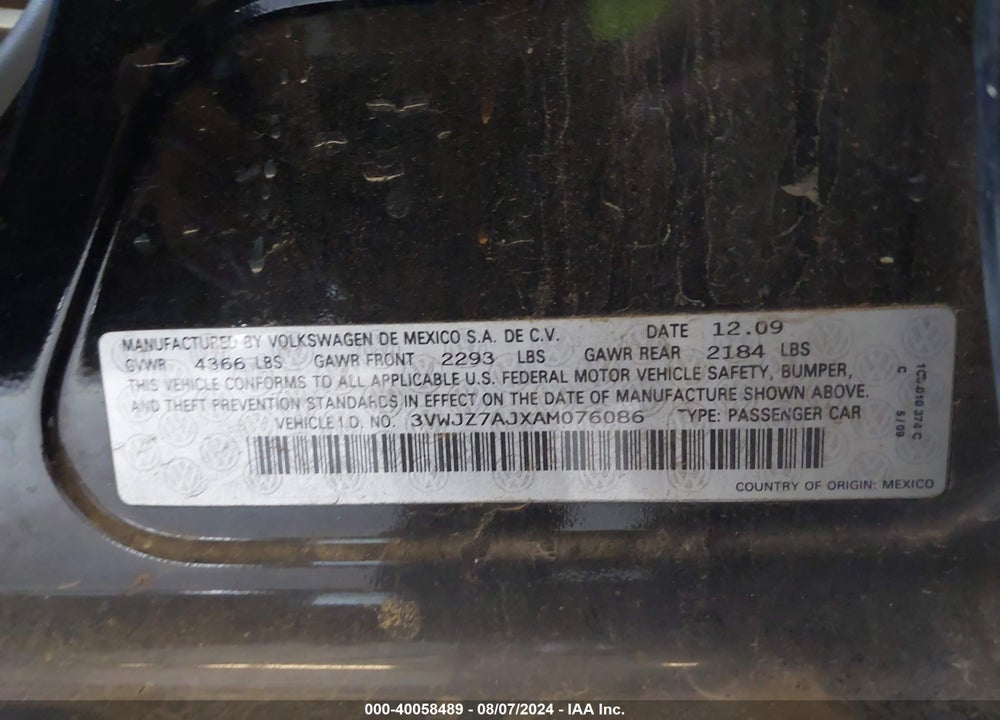 2010 VOLKSWAGEN JETTA S VIN: 3VWJZ7AJXAM076086