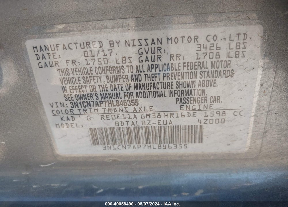 2017 NISSAN VERSA 1.6 SV VIN: 3N1CN7AP7HL846355