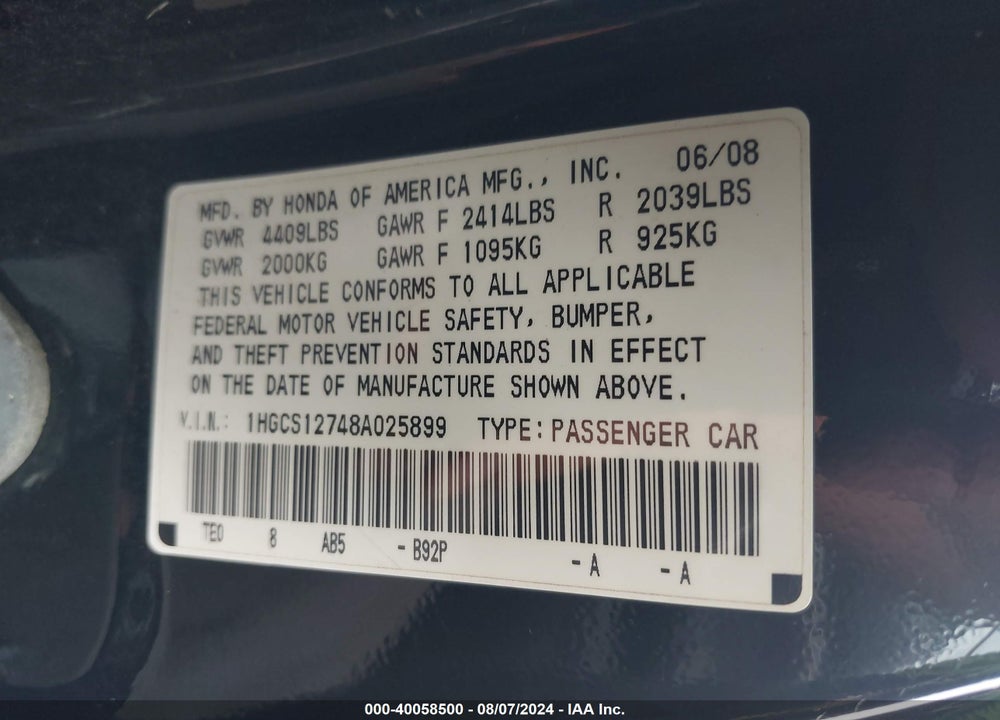 2008 HONDA ACCORD 2.4 EX VIN: 1HGCS12748A025899