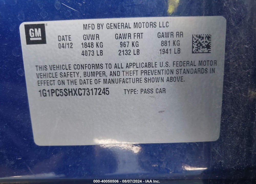 2012 CHEVROLET CRUZE LS VIN: 1G1PC5SHXC7317245