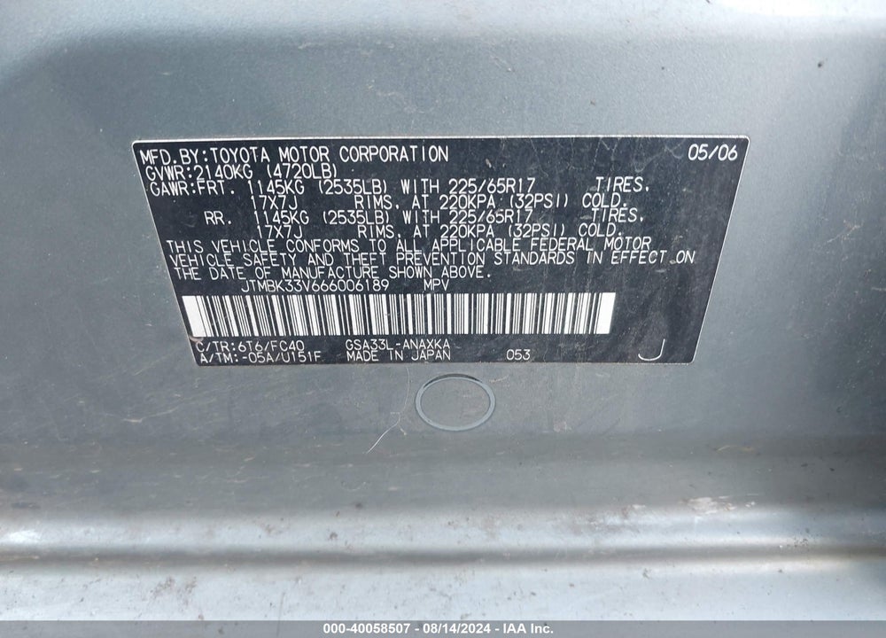 2006 TOYOTA RAV4 BASE V6 VIN: JTMBK33V666006189