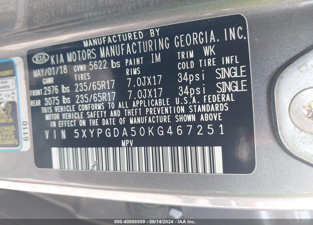 2019 KIA SORENTO 3.3L LX VIN: 5XYPGDA50KG467251