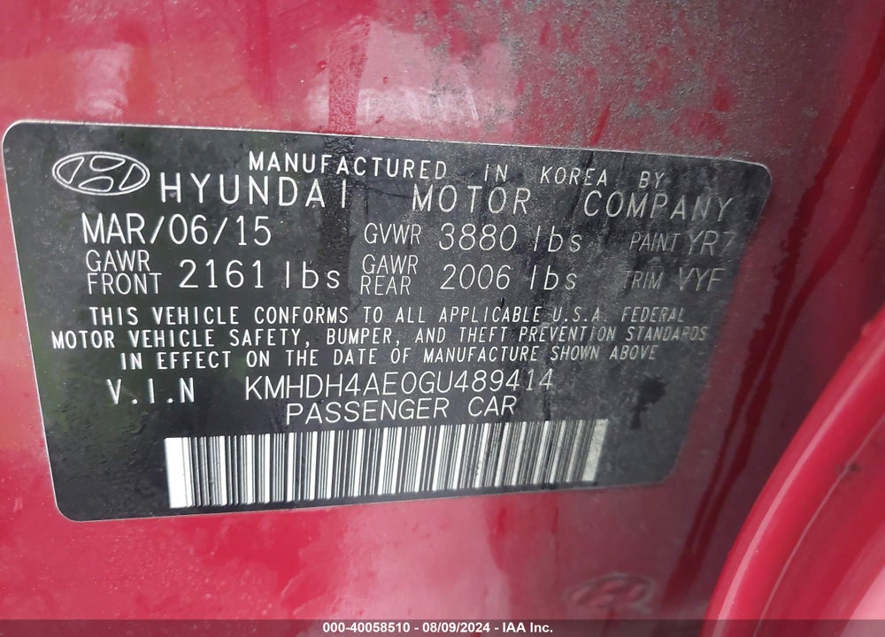 2016 HYUNDAI ELANTRA SE VIN: KMHDH4AE0GU489414