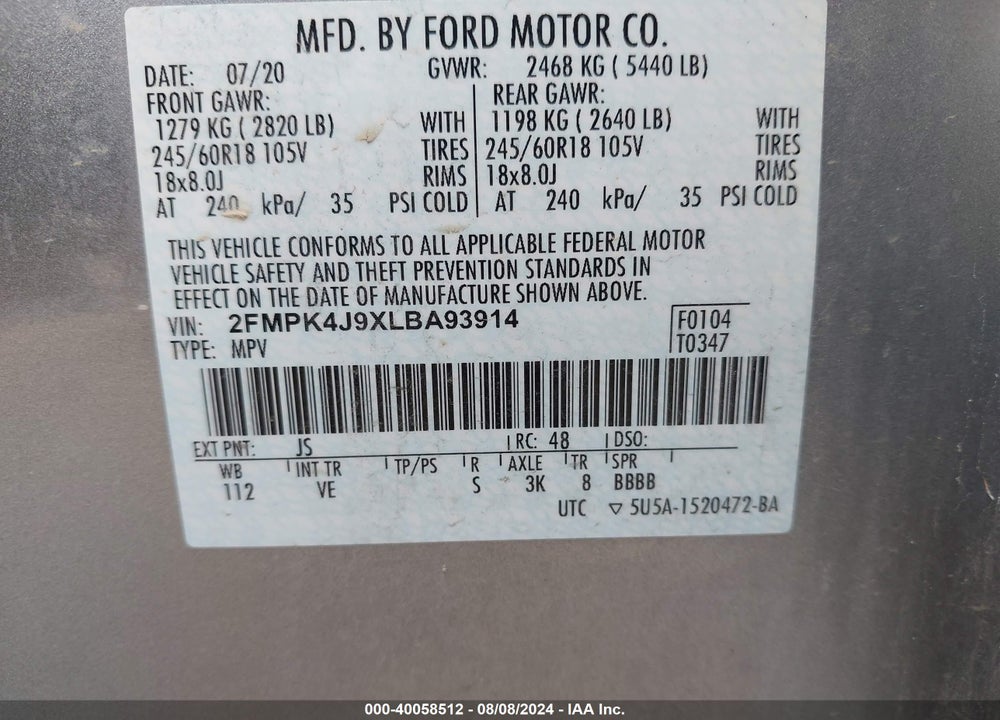2020 FORD EDGE SEL VIN: 2FMPK4J9XLBA93914
