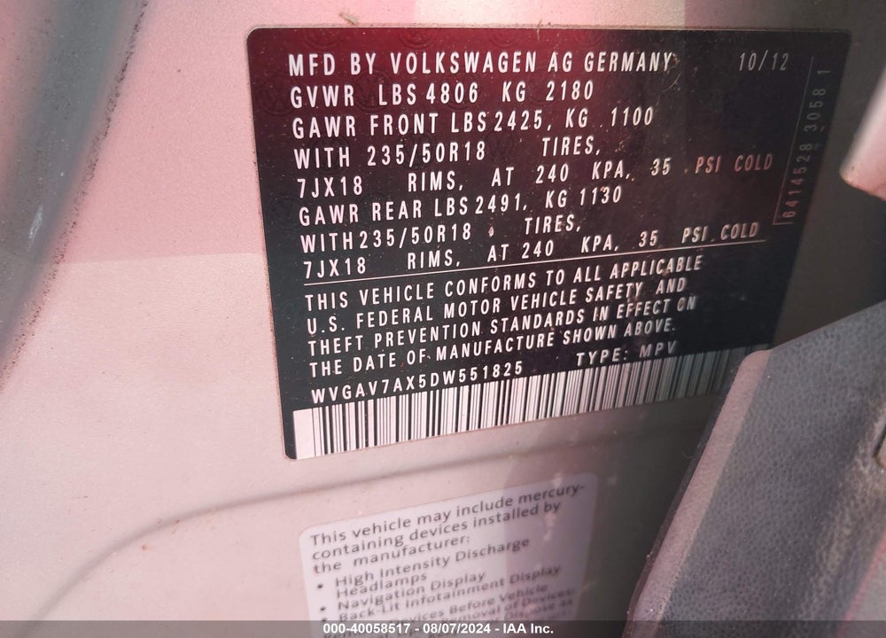 2013 VOLKSWAGEN TIGUAN S/SE/SEL VIN: WVGAV7AX5DW551825