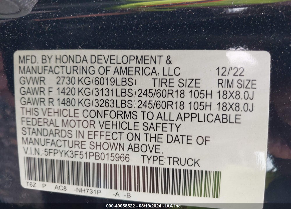 2023 HONDA RIDGELINE RTL VIN: 5FPYK3F51PB015966
