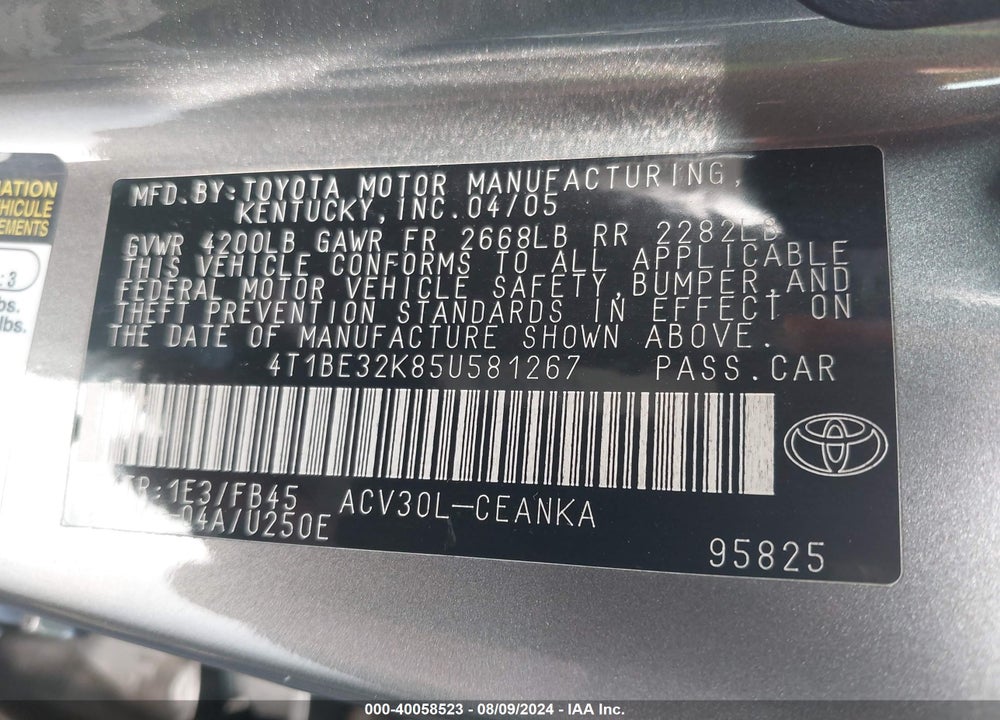2005 TOYOTA CAMRY LE VIN: 4T1BE32K85U581267