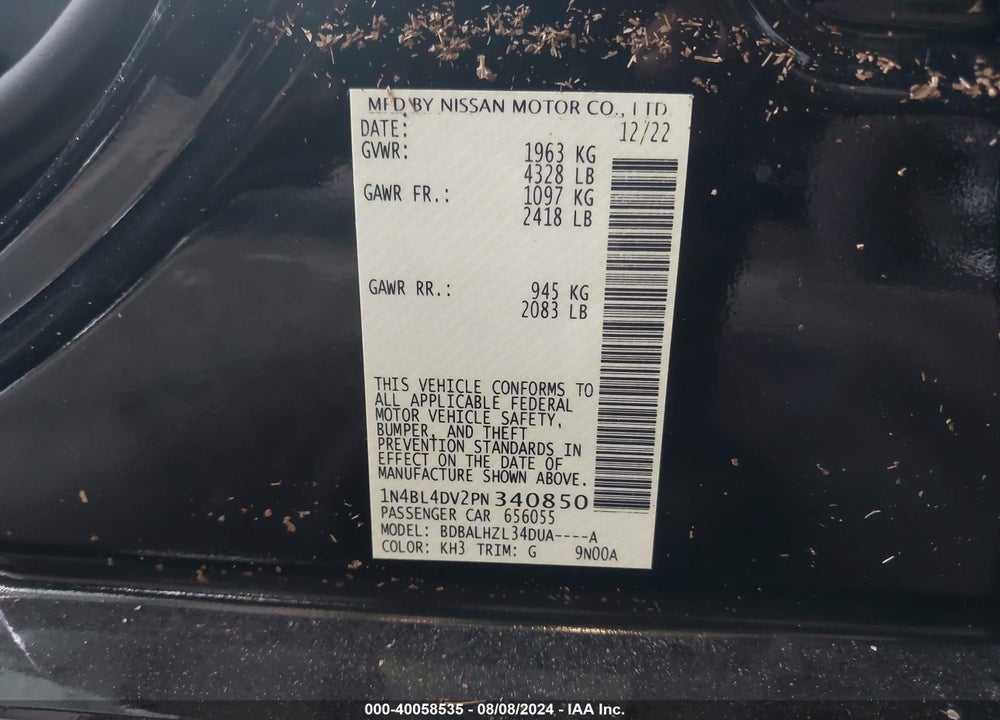 2023 NISSAN ALTIMA SV FWD VIN: 1N4BL4DV2PN340850