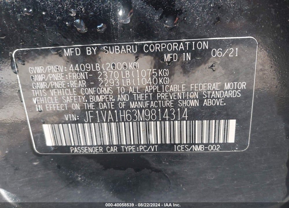 2021 SUBARU WRX LIMITED VIN: JF1VA1H63M9814314