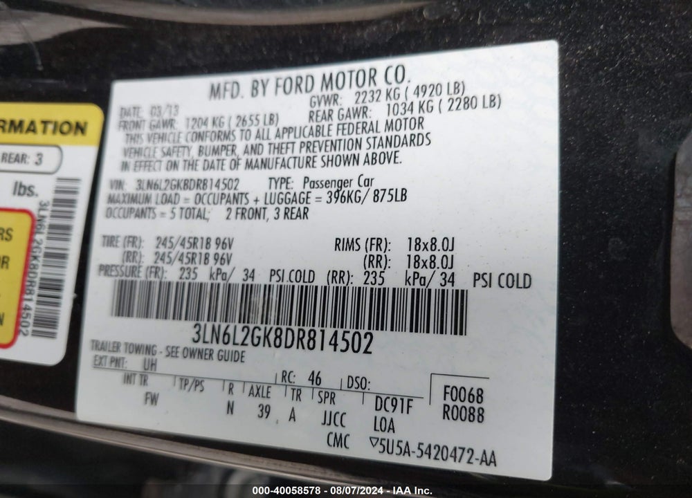 2013 LINCOLN MKZ VIN: 3LN6L2GK8DR814502
