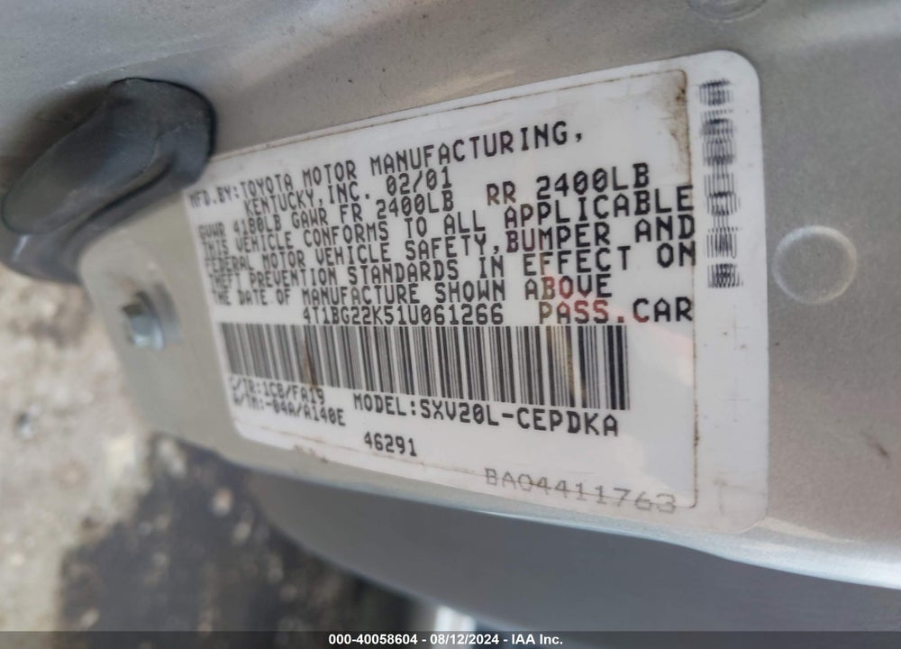 2001 TOYOTA CAMRY CE VIN: 4T1BG22K51U061266