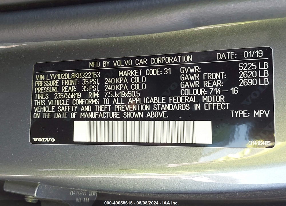 2019 VOLVO XC60 T5 INSCRIPTION VIN: LYV102DL8KB322153