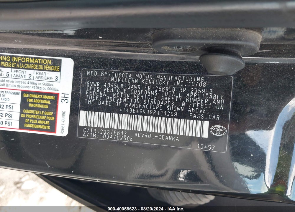 2009 TOYOTA CAMRY LE VIN: 4T4BE46K19R111299