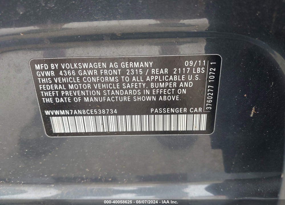 2012 VOLKSWAGEN CC R-LINE/SPORT VIN: WVWMN7AN8CE538734