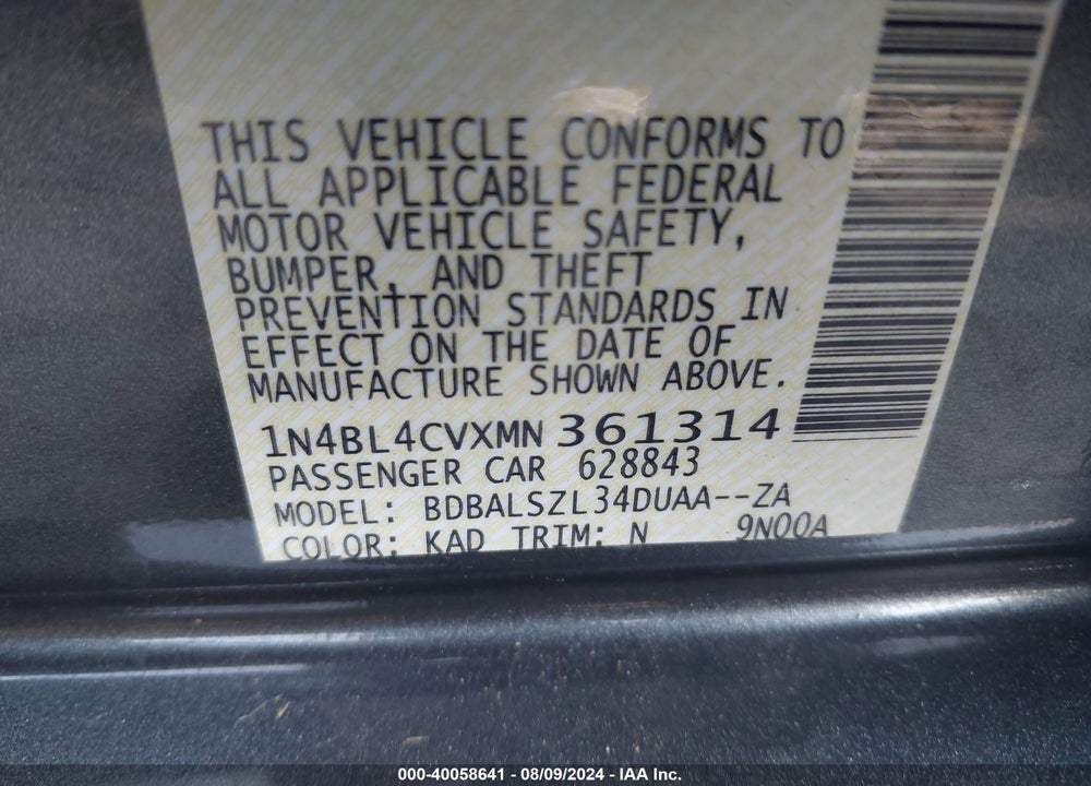 2021 NISSAN ALTIMA SR FWD VIN: 1N4BL4CVXMN361314