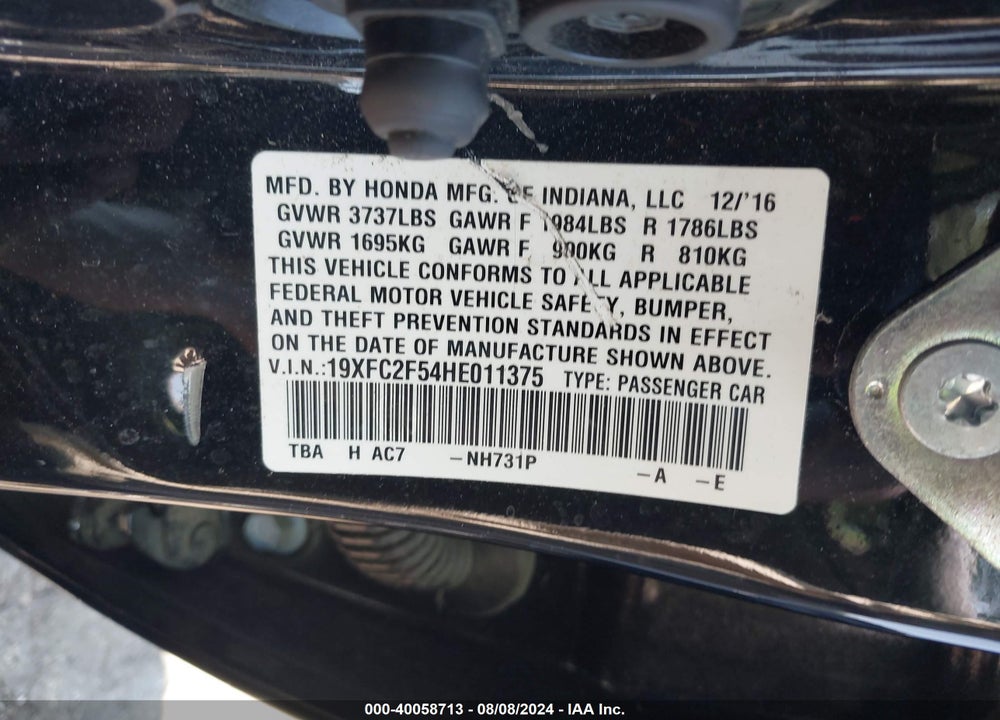 2017 HONDA CIVIC LX VIN: 19XFC2F54HE011375