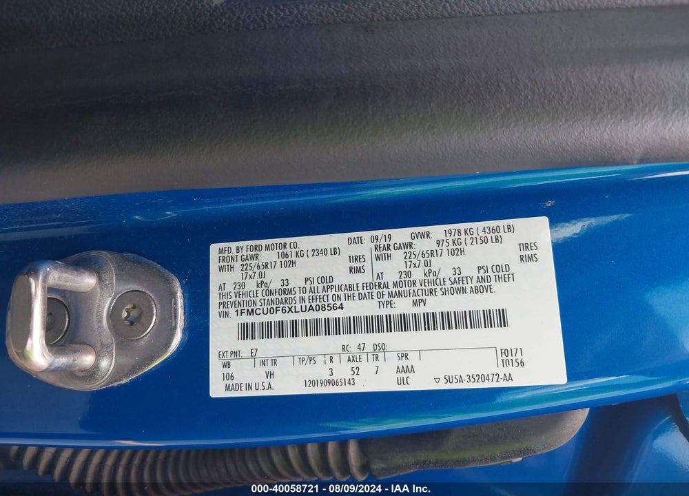2020 FORD ESCAPE S VIN: 1FMCU0F6XLUA08564