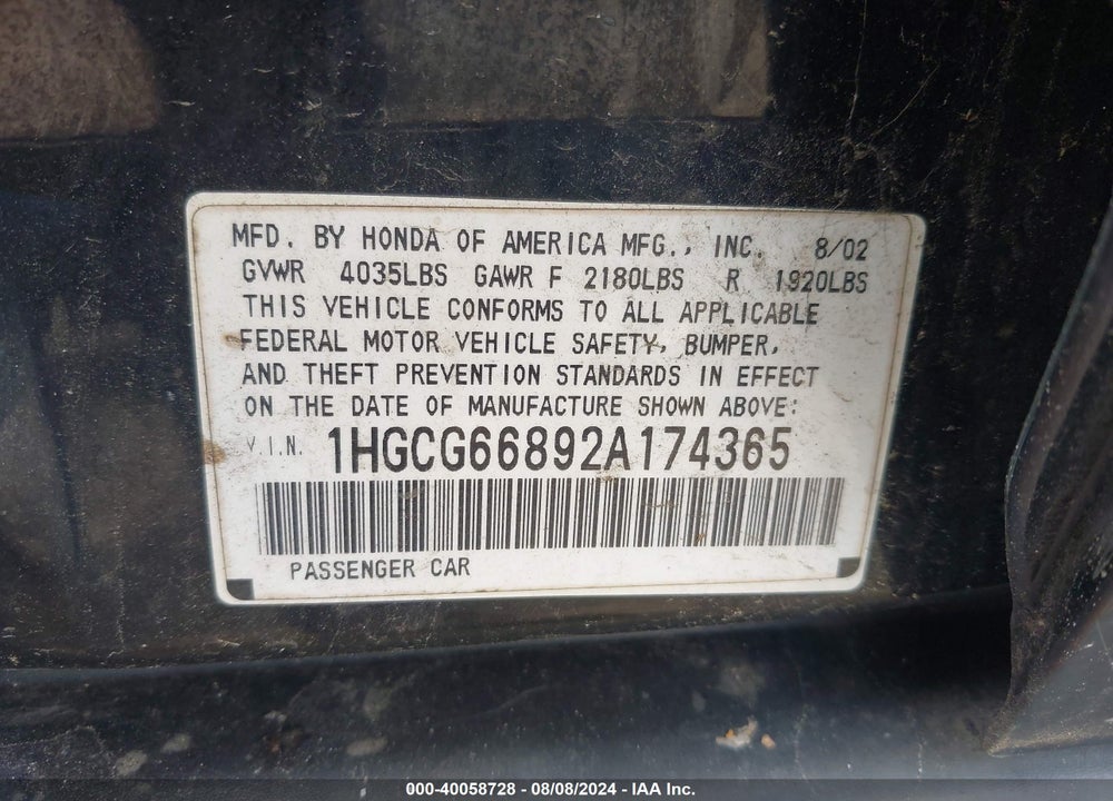 2002 HONDA ACCORD 2.3 EX/2.3 SE VIN: 1HGCG66892A174365