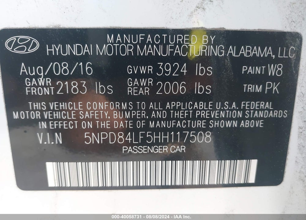2017 HYUNDAI ELANTRA VIN: 5NPD84LF5HH117508
