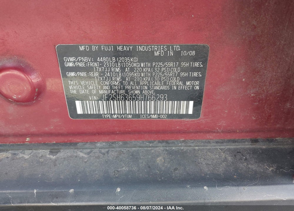 2009 SUBARU FORESTER 2.5X VIN: JF2SH63659H766293