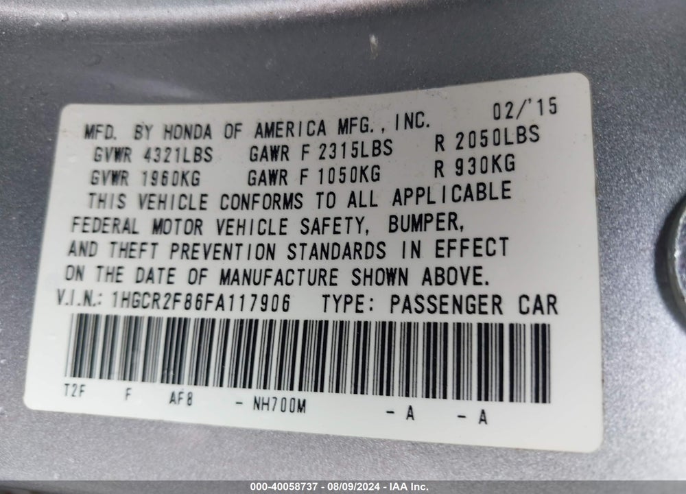 2015 HONDA ACCORD EX-L VIN: 1HGCR2F86FA117906