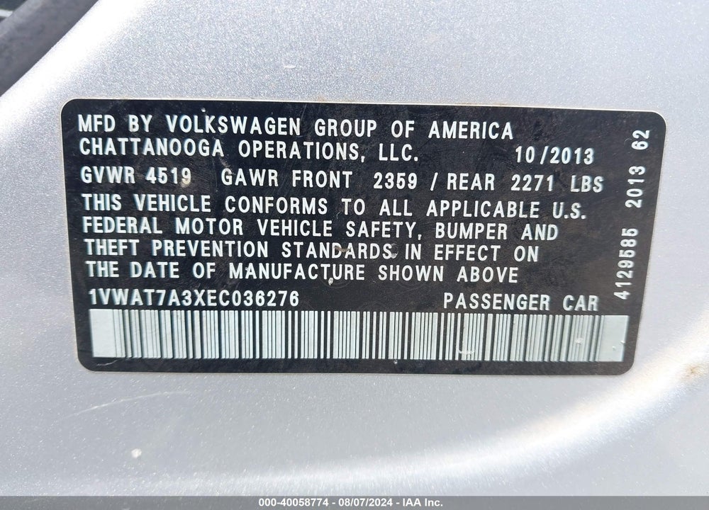 2014 VOLKSWAGEN PASSAT 1.8T WOLFSBURG EDITION VIN: 1VWAT7A3XEC036276