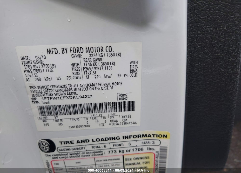 2013 FORD F-150 XLT VIN: 1FTFW1EFXDKE94227